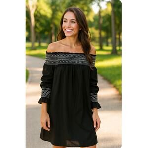 Maje Raffy Off-The-Shoulder Cotton Voile Dress Smocking Fairy Whimsy Elegant